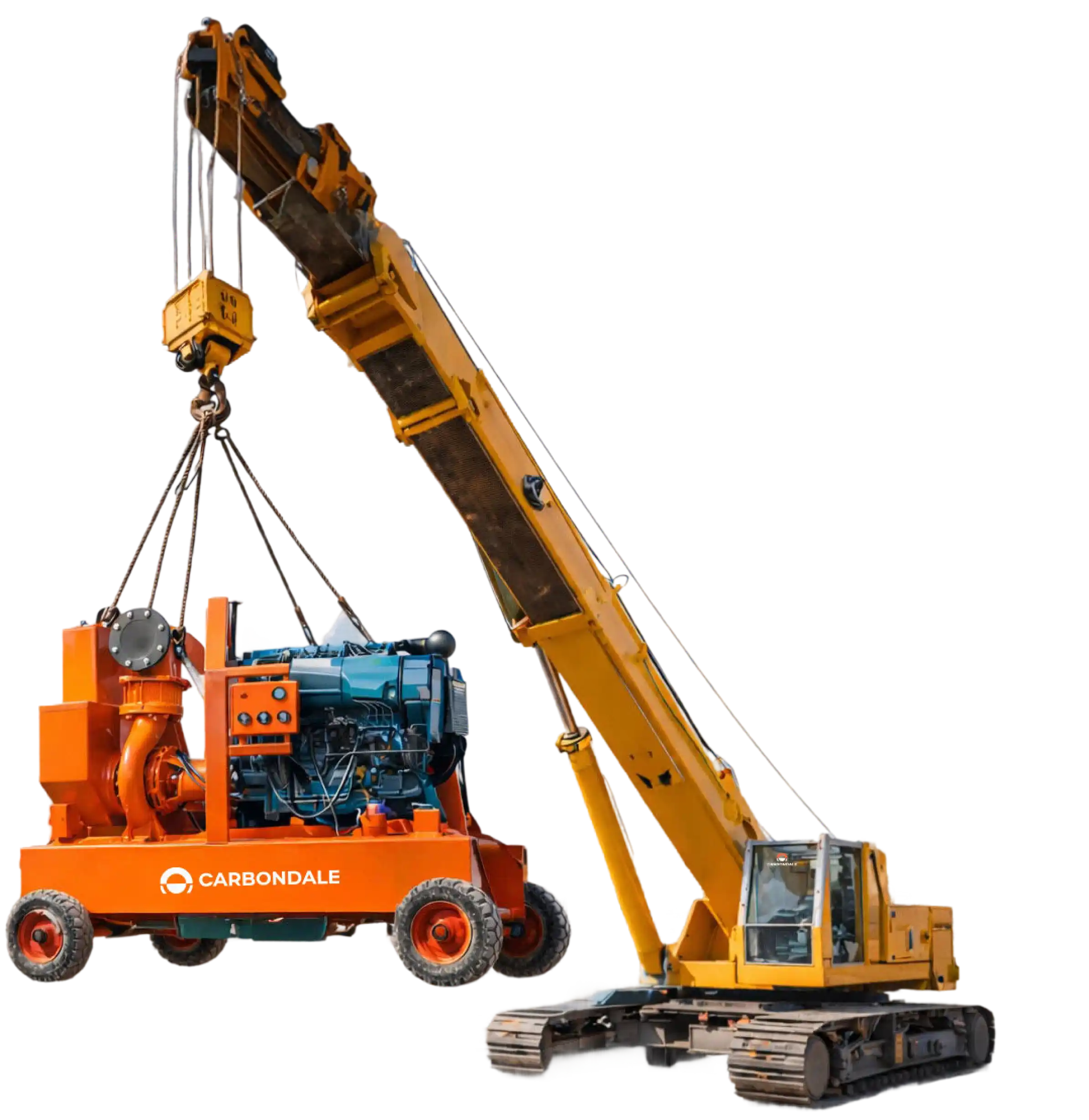 a_yellow_crawler_crane_lifts_an_orange_and_blue_industrial_machine