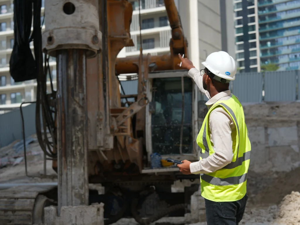 Site engineer supervising deep well dewatering installation
